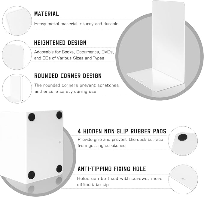 VONDERSO Metal Bookends, 4 Pairs White Metal Book Ends Heavy Duty for Shelves Decor Home Office, Unique White Bookends Supports Anti-Slip for Kids-Ruum Studio Home