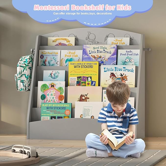 5-Tier Kids Bookshelf Montessori Toddler Book Rack Baby Bookcase Floor Front Facing Magazine Display Shelf for Bedroom Playroom Nursery Classroom Kindergarten Wood (Gray)-Ruum Studio Home