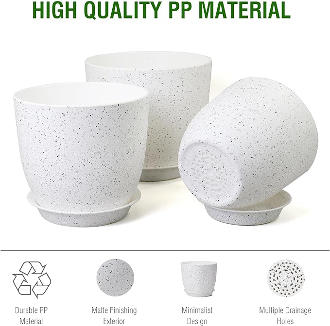 Large Flower Pots 12/10/9 inch, Set of 3 Modern Decorative Plastic Planters with Drainage Holes and Saucers for Garden House Plants, Plant Pots for Indoor Outdoor Plants, Speckled White-Ruum Studio Home