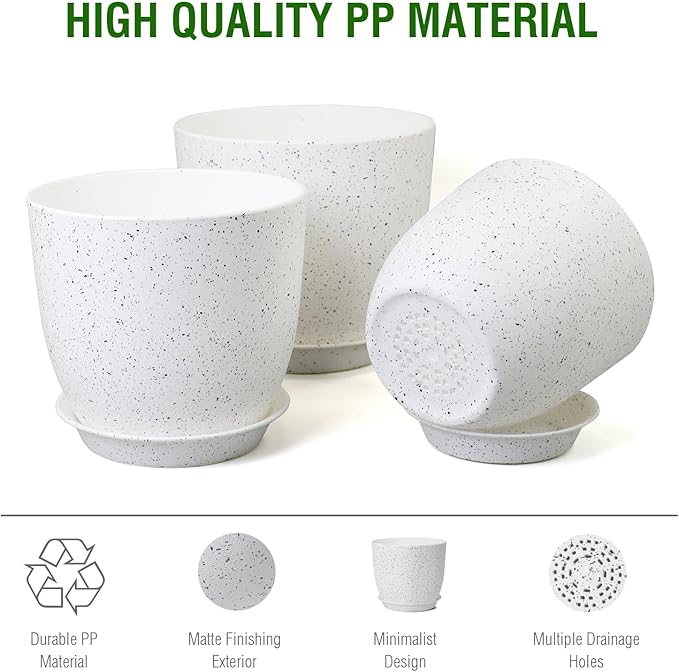 9/8/7.5 inch Flower Pots, Set of 3 Modern Decorative Plastic Planters with Drainage Holes and Saucers for Garden House Plants, Plant Pots for Indoor Outdoor Plants, Speckled White-Ruum Studio Home