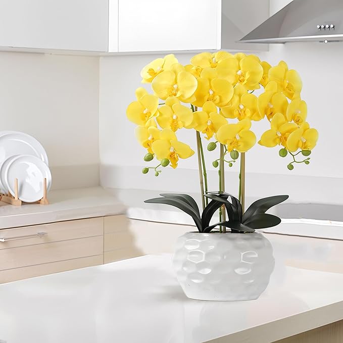 Orchid Artificial Flowers with White Vase Large Silk Faux Phalaenopsis Flowers for Dining Room Table Floral Centerpieces Indoor Decoration,Yellow-Ruum Studio Home