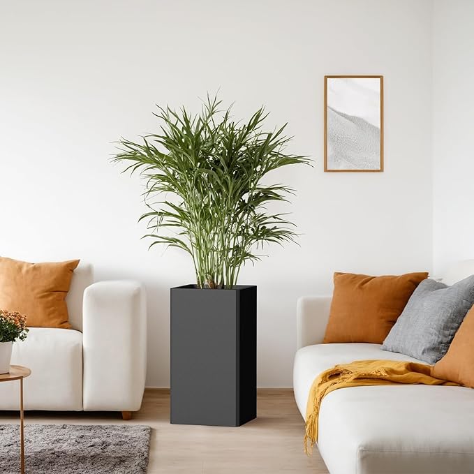 Tall Planters 26 Inch Square Metal Plant Pot with Removable Insert Shelf and Drainage-Modern Tall Black Planters for Indoor & Outdoor-Front Porch,Patio,Garden (14" L X 26" H)-Ruum Studio Home