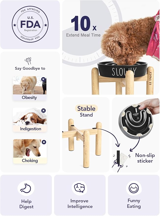 Ceramic Puzzle Slow Feeder Dog Bowl - 0.6 Cup Elevated with Wood Stand for Small Breeds, Black-Ruum Studio Home