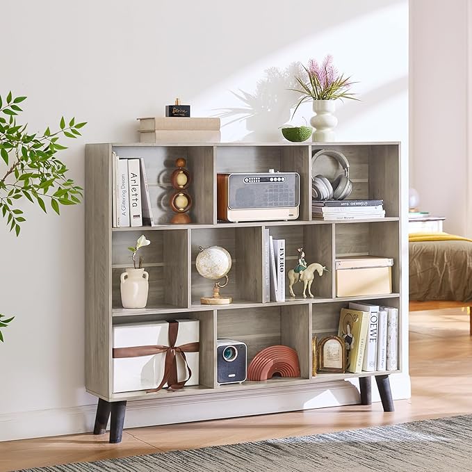 LEYAOYAO 10 Cube Bookshelf,3 Tier Modern Wide Bookcase with Legs,Mid-Century Wood Bookshelves Storage，Retro Grey Large Book Case,Freestanding Organizer Display Shelf for Bedroom,Living Room,Office-Ruum Studio Home