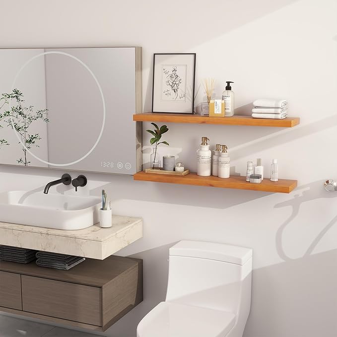 Light Brown Floating Wall Shelves 36 Inches Long x 8”x 1.4” Shelf Floating Rustic Farmhouse Decor, Heavy Duty Shelf Hold 80 lbs, Wall Shelves for Bathroom Living Room Kitchen Bedroom Office-Ruum Studio Home