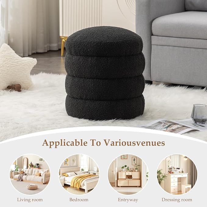 Furniliving Modern Round Ottoman, Soft Bedroom Ottoman Footstool Round Ottomans Stool for Living Room, Bedroom, Makeup Room, Black, Boucle-Ruum Studio Home
