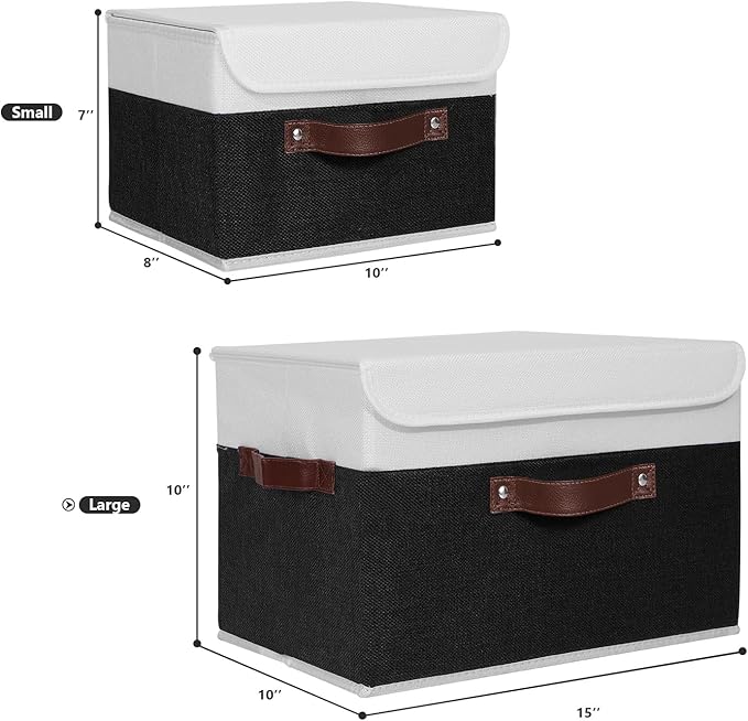 ANMINY 2PCS Storage Boxes with Lid Washable Decorative Storage Bins Basket with PU Leather Handle Foldable Linen Fabric Storage Cubes Containers for Home Closet Organizer - Black White, Large Size-Ruum Studio Home