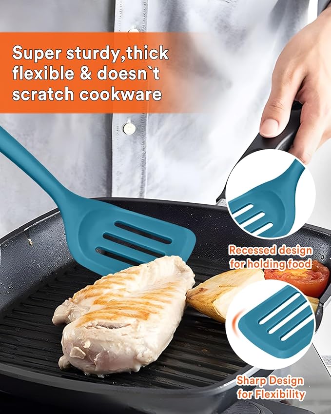 Kitchen Utensils Set, 13PCS Silicone Cooking Utensils, Heat Resistant Kitchen Utensil Spatula Set for Nonstick Cookware, Wooden Handles Kitchen Gadgets Tools Set (BLUE)-Ruum Studio Home