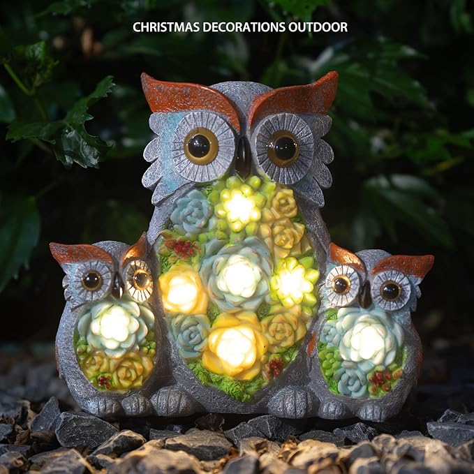 Solar Garden Statue Lights Owl Figurine with LED Lights, Outdoor Garden Succulent Ornaments, Mothers Day Mom Gifts for Outside Patio Yard Lawn Decor-Ruum Studio Home