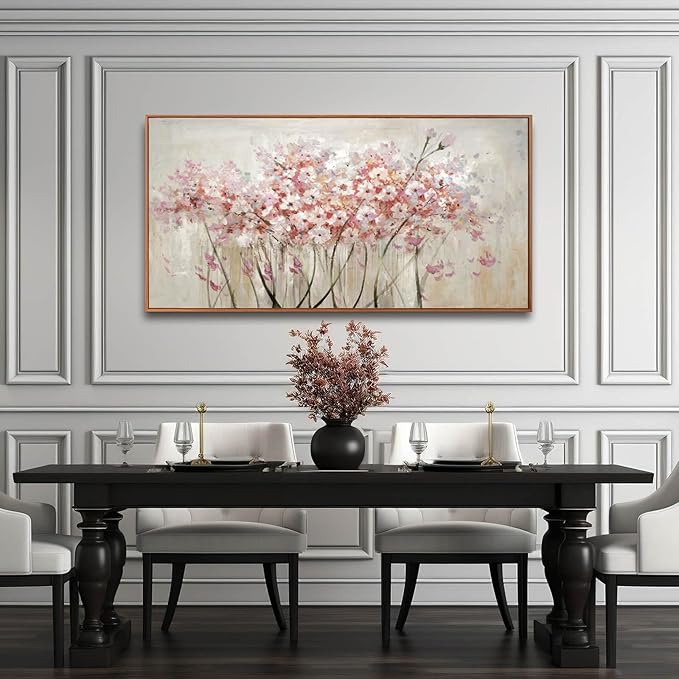 Flower Wall Art Framed Beige Canvas Paintings Colorful Wall Decor 24"x48" Art Posters Pictures for Dining Room Office Hotel-Ruum Studio Home