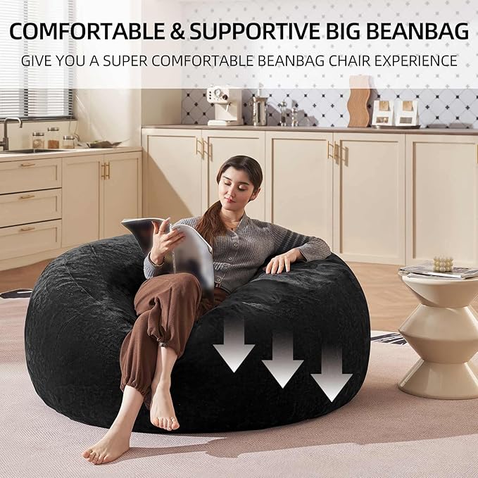 Bean Bag Chair 4Ft, Memory Foam Filled, Large Beanbag Chairs for Adults and Teens, Soft Sofa with Removable Flannel Cover, Round Couch for Living Room Bedroom College Dorm (Black, 4FT-47×47"×24")-Ruum Studio Home