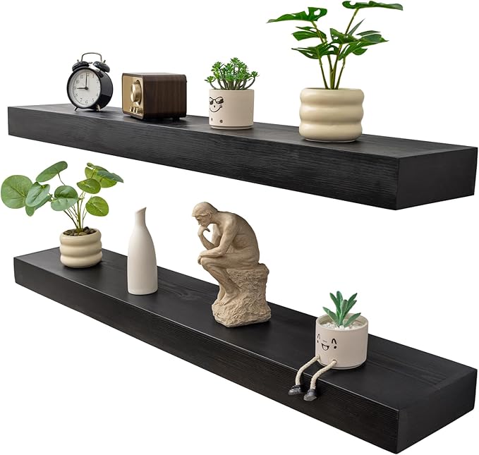 Floating Shelves 3 inch Thick for Wall Set of 2,Solid Pine Wood Wall Mount Shelf for Kitchen Living Room Bedroom Bathroom,8" D x 48" L x 3" H-Black-Ruum Studio Home