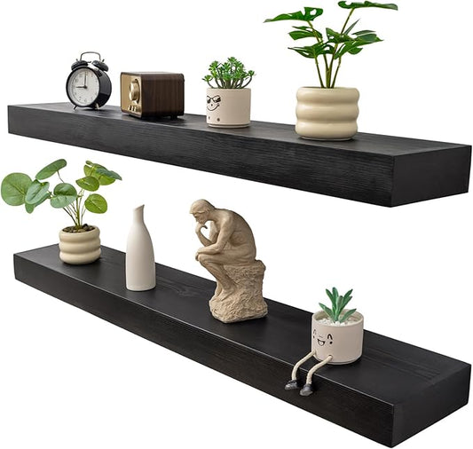 Floating Shelves 3 inch Thick for Wall Set of 2,Solid Pine Wood Wall Mount Shelf for Kitchen Living Room Bedroom Bathroom,8" D x 48" L x 3" H-Black-Ruum Studio Home