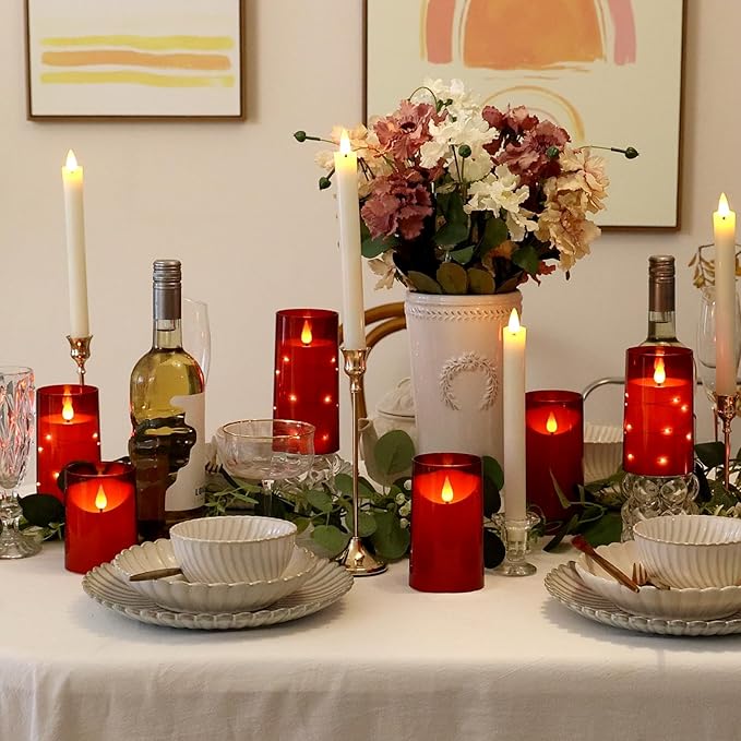 NURADA Flickering Flameless Candles: Built-in Star String Lights Battery Operated LED Pillar Candles with Remote and Timer Romantic Decorations for Wedding Party Christmas Halloween - Red 3 Pack-Ruum Studio Home