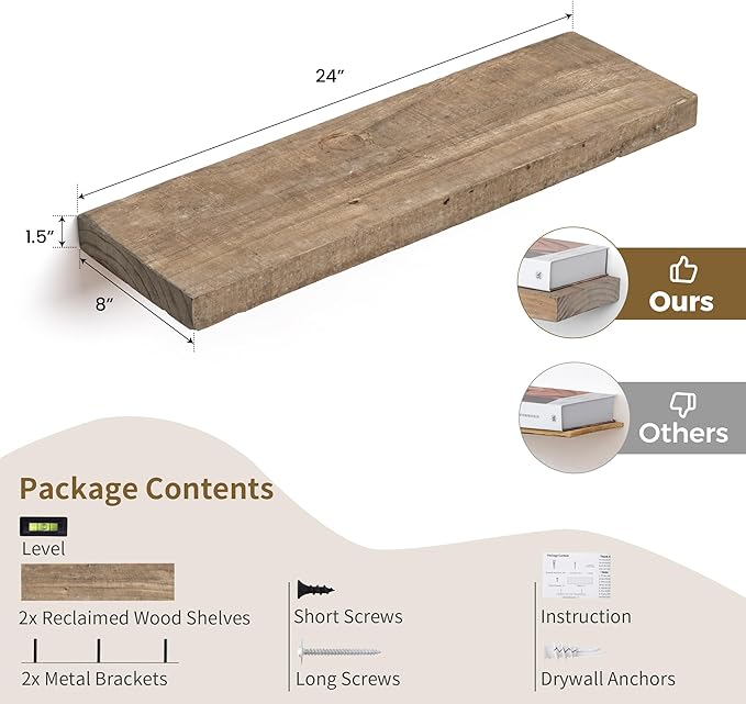 Floating Shelves, 8 Inch Deep Rustic Solid Reclaimed Wood Wall Shelves for Storage, Wall Mounted Display Shelving with Invisible Heavy-Duty Metal Bracket, 24 Inch Width Set of 2, Natural-Ruum Studio Home