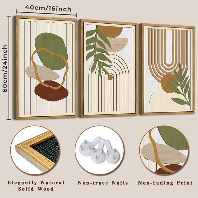Large Sage Green Boho Wall Art Set Abstract Modern Geometric Wood Wall Decor Mid Century Neutral Artwork Bohemian Art Decor for Living Room Bedroom Office-16x24Inch x3-Ruum Studio Home