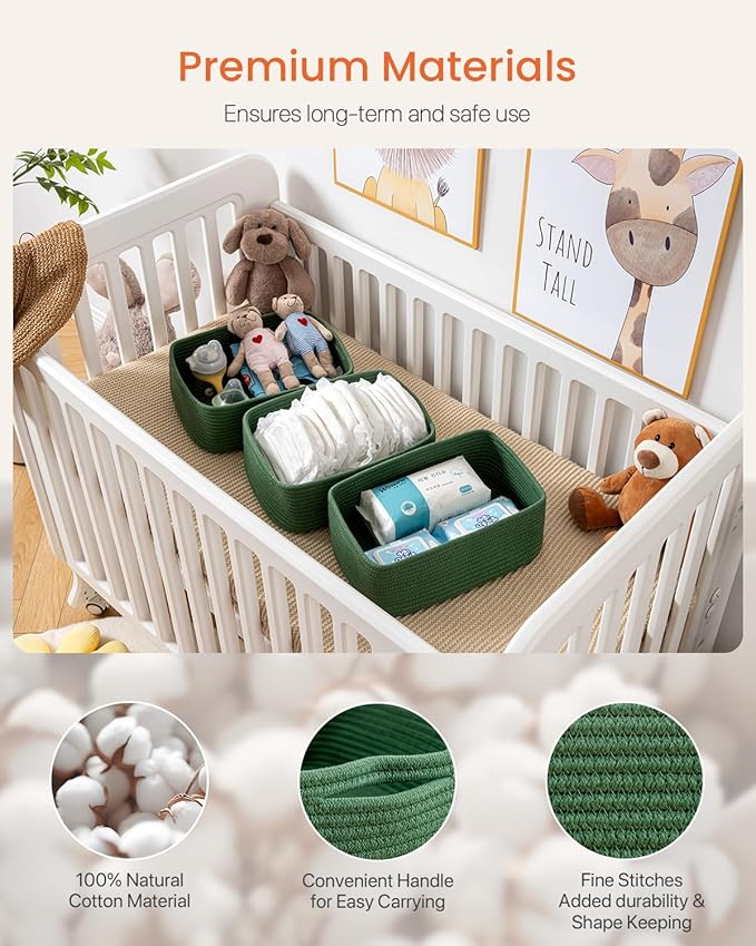 Small Woven Basket, 13.5 x 9.5 x 5 Inches, Storage Basket for Organizing, Cute Small Rope Shelf Closet Cube Storage Bins Baskets for Shelves, Dog Toy Gift Baskets Empty, 3 Pack, Green-Ruum Studio Home