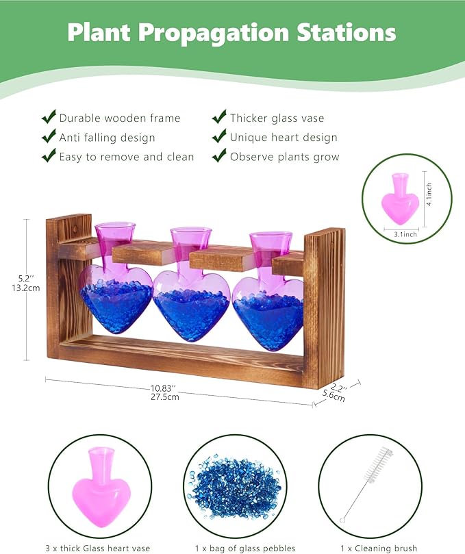 Nacome Plant Terrarium for Office Decor: Birthday Gifts for Plant Lovers Women Mom Wife - Wooden Stand Tabletop Planter 3 Bulb Glass Vase Heart Shaped for Hydroponics Indoor Home(Purple)-Ruum Studio Home