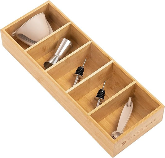 Premium Kitchen Utensils and Junk Drawer Organizer – Small 5-Compartment Design with 4 Removable Dividers, Non-Slip Feet, 100% Sustainable Bamboo-Ruum Studio Home
