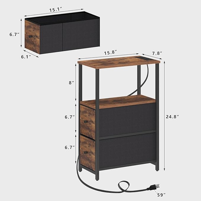 TUTOTAK Small Narrow LED End Table with Charging Station, Side Table Outlets, Nightstand with 2 Cloth Drawers, Couch Table, for Living Room, Bedroom, Bedside, Brown TB01BB085L-Ruum Studio Home