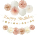 Champagne Rose-Gold Beige Birthday Party-Decorations - 14pcs Happy Banner Boho Lanterns Tissue Pom Poms,Rustic Streamers Garland Fans,Neutral One Sweet Peach Girls Women Hanging Supplies Decor Hugfond-Ruum Studio Home
