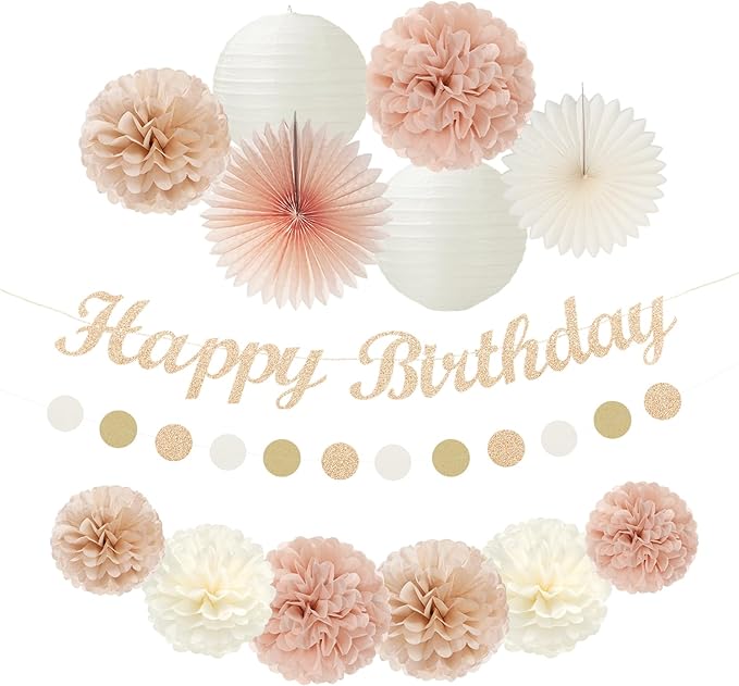 Champagne Rose-Gold Beige Birthday Party-Decorations - 14pcs Happy Banner Boho Lanterns Tissue Pom Poms,Rustic Streamers Garland Fans,Neutral One Sweet Peach Girls Women Hanging Supplies Decor Hugfond-Ruum Studio Home