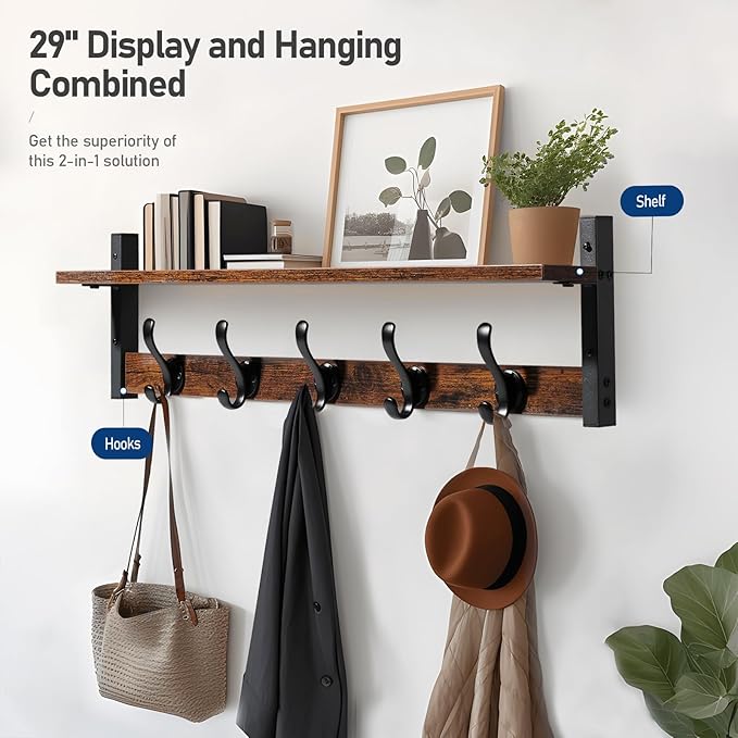 Tatub 29" Rustic Coat Rack Wall Mount with Shelf, Entryway Wall Hooks with Shelf, Coat Hangers for Bathroom, Living Room, Bedroom, Rustic Black-Ruum Studio Home