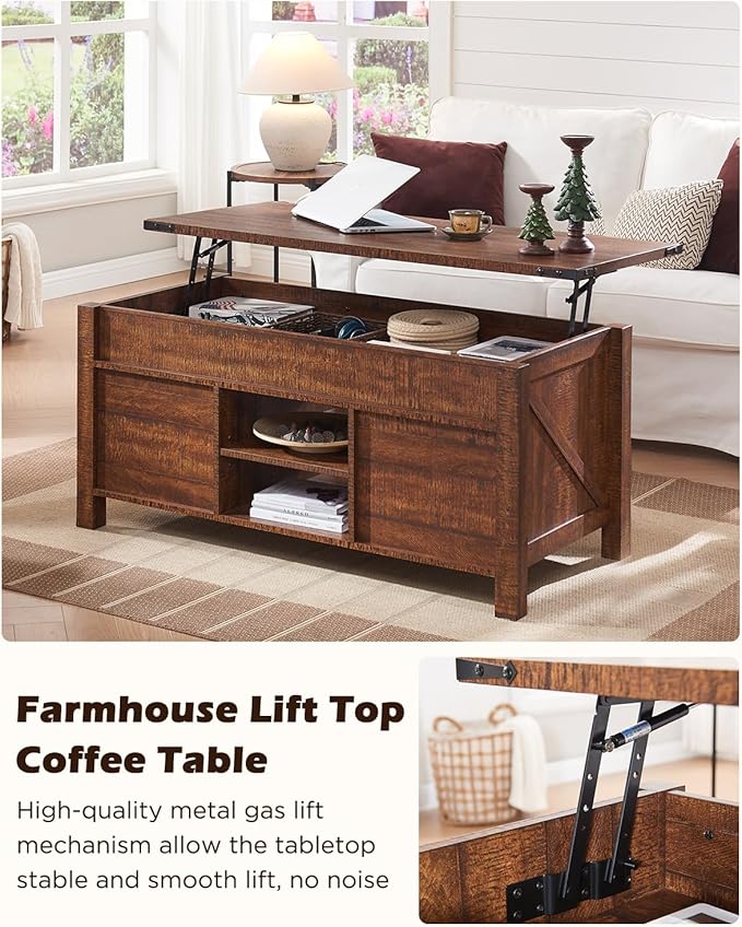 OKD 48" Farmhouse Lift Top Coffee Table with Sliding Barn Door,Rustic Center Table with Hidden Storage Compartment,Lifting Tabletop and Adjustable Shelf for Living Room,Office,Reclaimed Barnwood-Ruum Studio Home