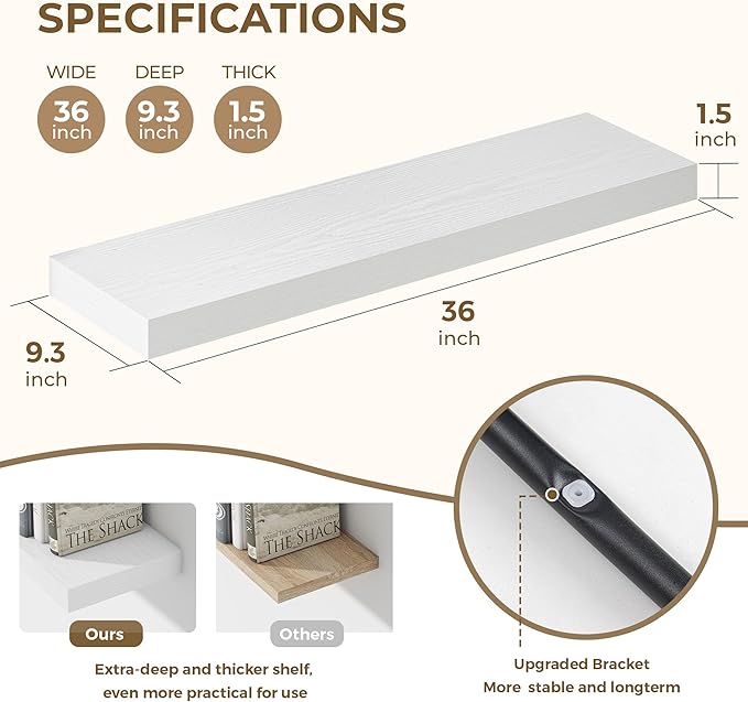 36 Inches Floating Shelves for Wall, 9.3" Deep Long Floating Shelves Set of 2, Large Display & Storage Shelf, Wall Shelf for Bathroom Bedroom Living Room Kitchen Office, White-Ruum Studio Home