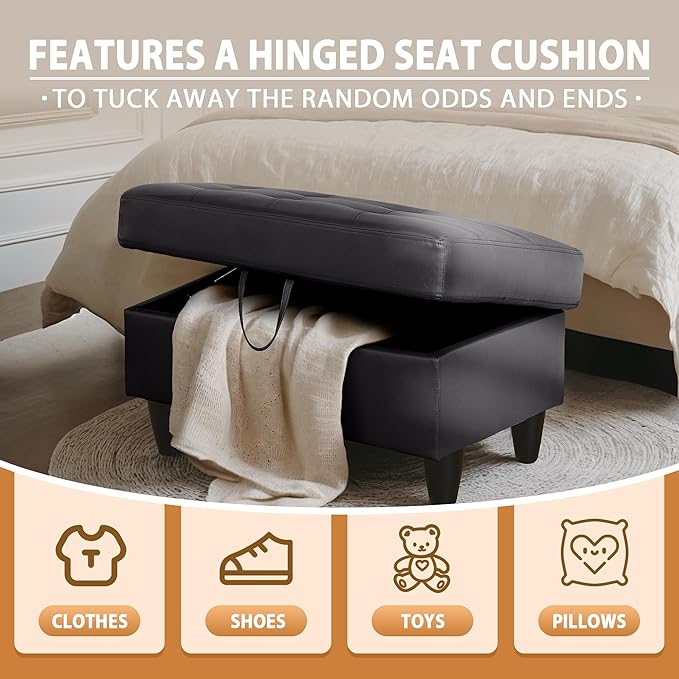 Ottoman Rectangular Storage Ottoman Bench, Faux Leather Footrest, Coffee Table, Stool Footstool with Hinged Lid for Living Room, Bedroom, Entryway, Black, 35"x23.5"x17.5"-Ruum Studio Home
