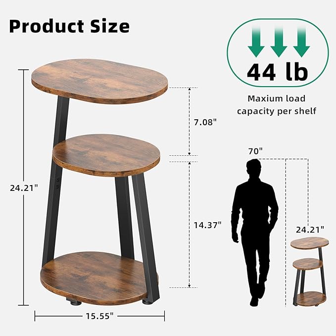 Side Table, Small End Table with Metal Frame, 3-Tier Bedside Tables, Round Side Tables for Living Room Bedroom Couch Bathroom, Oval, Vintage Brown-Ruum Studio Home