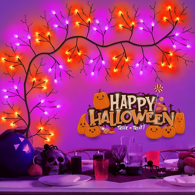 7 Ft Halloween Decorations Willow Vine Twig Garland with 8 Modes Timer 63 LED Orange Purple Lights, Halloween Garland with Waterproof Battery Operated for Wall Fireplace Decorations Indoor Outdoor-Ruum Studio Home
