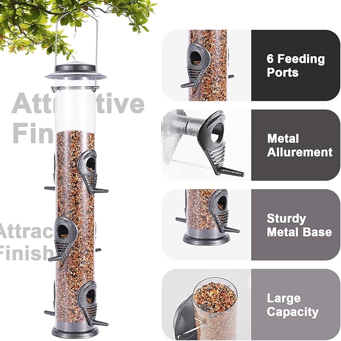 MIXXIDEA 1PK Metal Bird Feeders with 6 Feeding Ports,Tube Bird Feeder with Steel Hanger,Hard Plastic Wild Bird Feeder for Outdoors Hanging, Attracting Birds in Your Lawn, Garden, Balcony-Grey-Ruum Studio Home