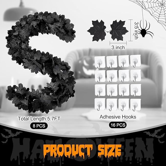 Joyhalo 8 Pack 5.7FT Black Maple Leaf Garland,Halloween Artificial Hanging Black Vines,Halloween Outdoor Garland for Mantle,Door Frame,Fireplace and Thanksgiving Decor-Ruum Studio Home