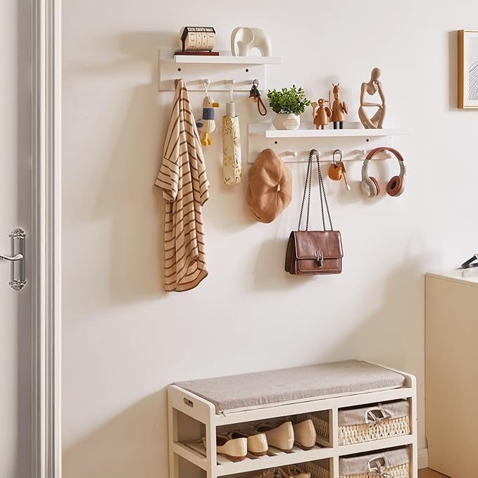 Wood Coat Hook with Wall-Mounted Shelf,15.75in Entryway Wall Hanging Shelf,for Bathroom, Kitchen,Coat Towel Key Organizer White YD-WS0240W-Ruum Studio Home