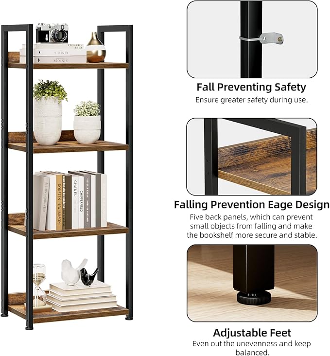 NUMENN Narrow Bookshelf, 4 Tier Bookshelves, Home Office Bookcase Shelf Storage Organizer, Free Standing Storage Shelving Unit for Bedroom, Living Room and Home Office, Vintage-Ruum Studio Home