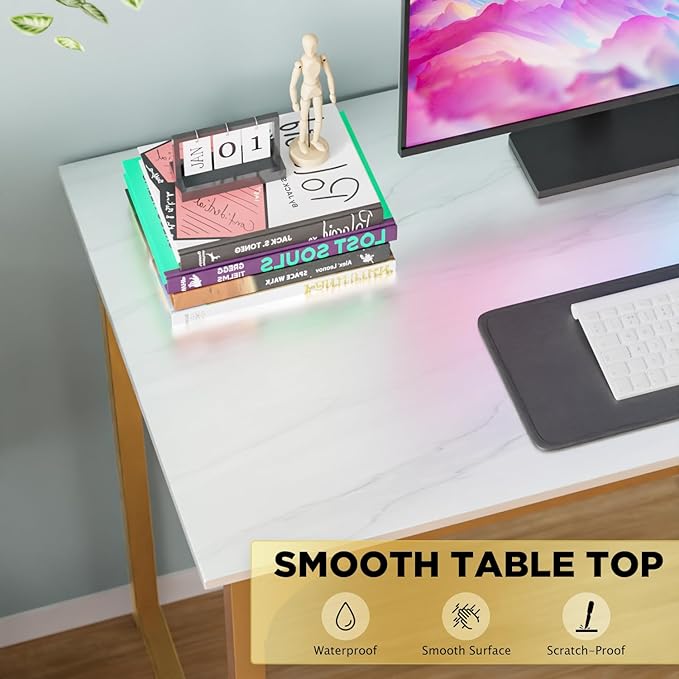 PayLessHere | 39 Inch Computer Desk | White Gold | Office Desk with Metal Frame, Adjustable Feet | Water-Resistant, Scratchproof Surface | Sturdy Writing Table for Home Office or Study | Pack of 1-Ruum Studio Home