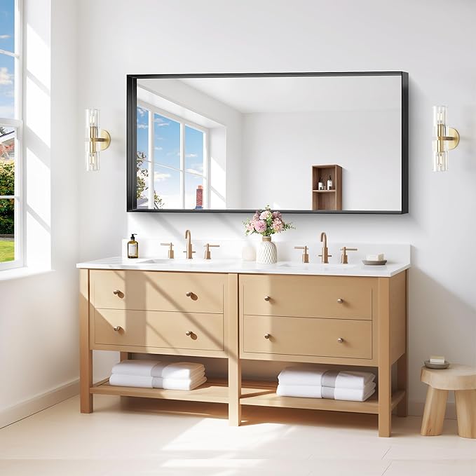 Black Bathroom Mirror, 24x48 Inch Rectangular Framed Mirror, Large Wall Mounted Bathroom Vanity Mirror Over Sink for Bedroom,Restroom, Living Room, Hangs Vertically or Horizontally-Ruum Studio Home