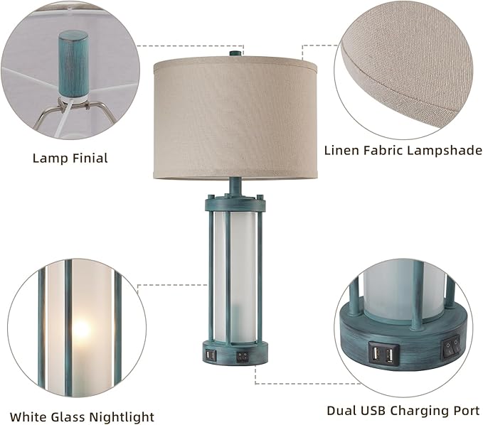 RORIA Set of 2 Rustic Table Lamps for Living Room with 2 USB Ports, Farmhouse Vintage Nightstand Lamp with White Glass Nightlight, Retro Desk Lamps for Bedroom End Table, Bulbs Included(Retro Green)-Ruum Studio Home