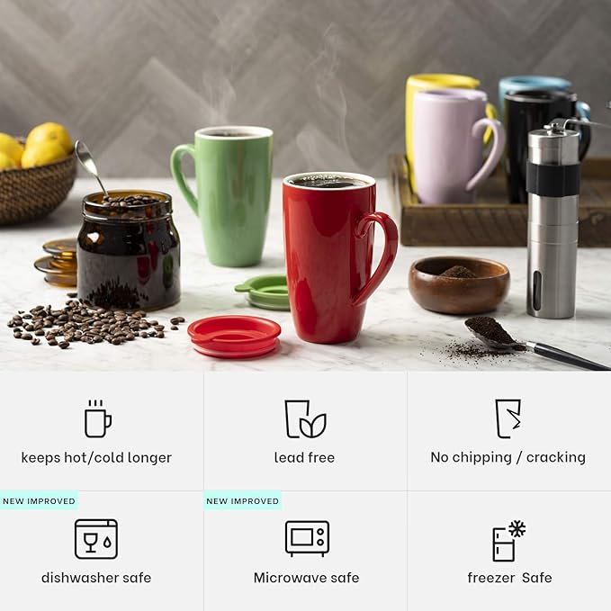 MITBAK 6-Pack Ceramic Coffee Mug Set with Lids (16-Ounce) | Large Colored Insulated Tumbler Mugs Set Great for Taking Your Coffee & Tea To-Go | Excellent Choice for Camping, Travel & Office-Ruum Studio Home