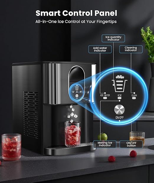 Nugget Ice Maker Countertop, 44lbs/24H Soft Chewable Pellet Ice Maker Machine Dispenser with Water Reservoir, Self-Cleaning, Pebble Ice Machine for Home Kitchen, Office, Black Stainless-Ruum Studio Home