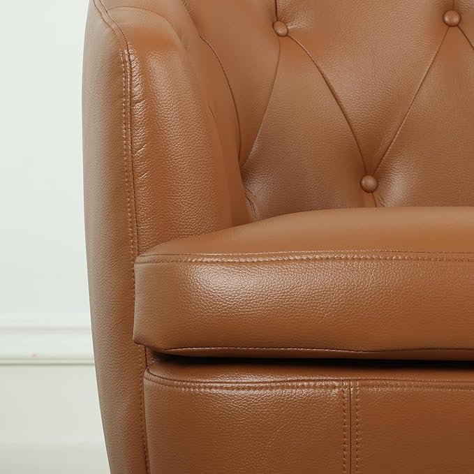 360° Swivel Leather Accent Chair, Modern Barrel Club Chair with Leather Upholstery and Sturdy Base, Comfortable Armchair for Living Room, Bedroom, Reading Nook, Brown-Ruum Studio Home