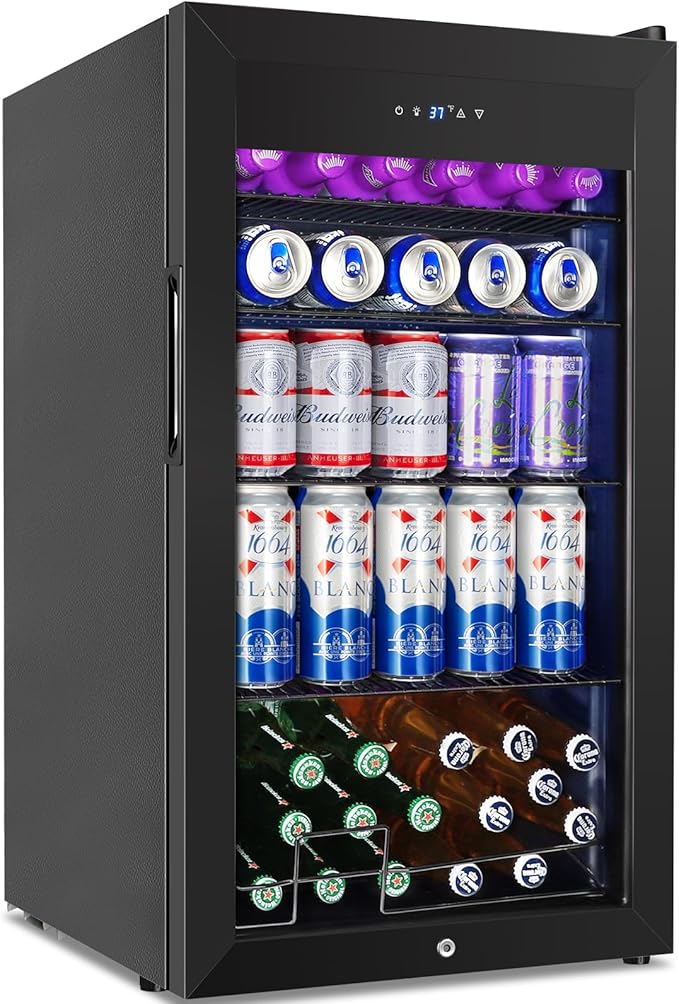 128 Cans Beverage Refrigerator Cooler, 3.2 Cu.Ft Mini Drink Fridge Glass Door for Drink Beer Soda Wine, Small Beer Fridge with 4 Removable Shelves for Kitchen Bedroom, Office Bar Gaming Room, Black-Ruum Studio Home