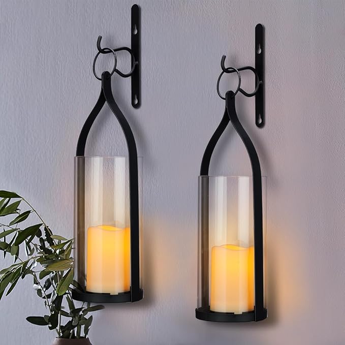 Metal Wall Sconce Candle Lantern Set of 2 - Black Wall Mounted Hanging Holder with Glass & Candles Vintage Wall Decor for Porch, Living Room, Dining Room, Bedroom Indoor Decor-Ruum Studio Home
