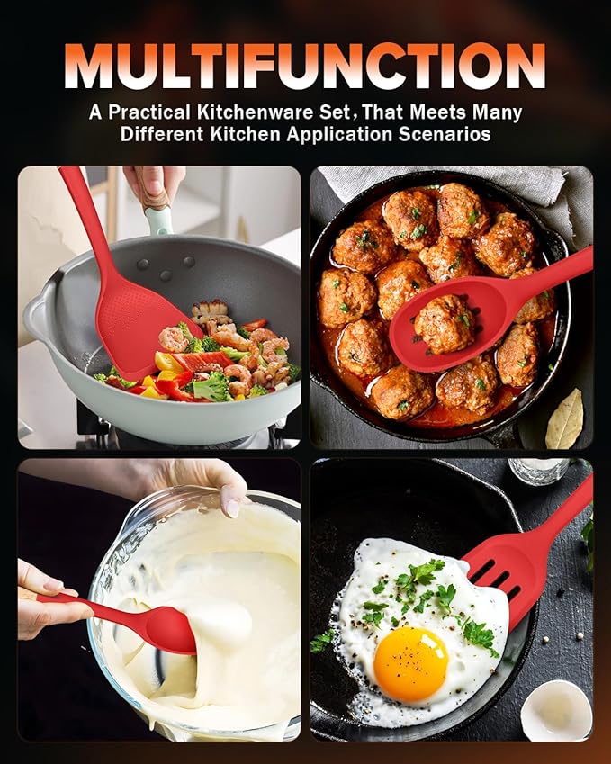 Silicone Cooking Utensils Set, Perfectly Angled for Frying, Mixing,Serving,Draining,Turning and Stirring, BPA-Free Matte Silicone, Wood Handles, Safe for Nonstick Cooking Surfaces,4 Pack (Red)-Ruum Studio Home