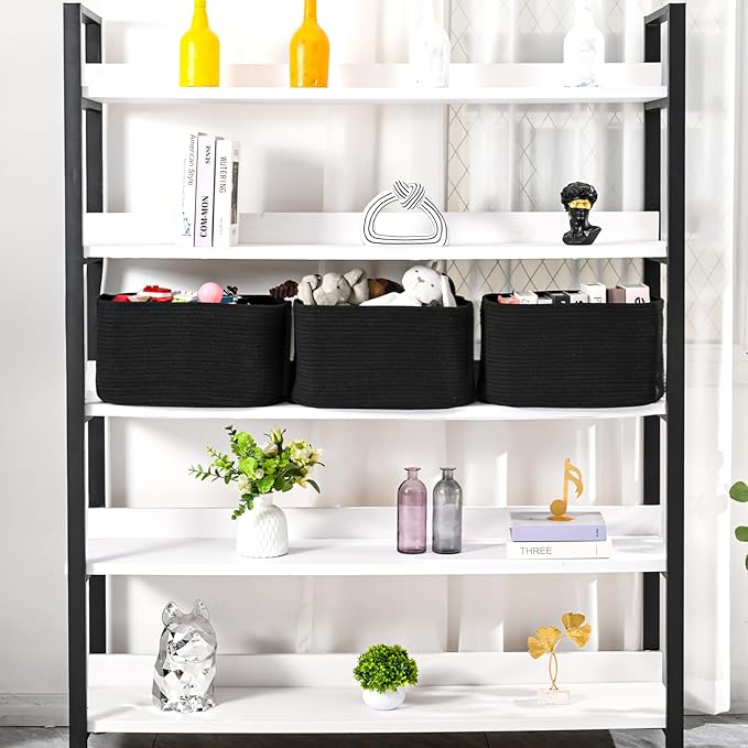 Large Storage Baskets for Organizing Shelves, Woven Cotton Rope Bins for Baby Nursery Organization, Book Toy Towel Organizer, 17"x13"x9.5", 3 Packs, Black-Ruum Studio Home