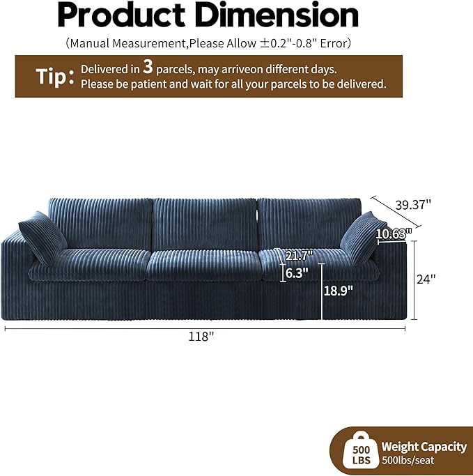 118" 3-Seater Cloud Sofa,Modular Sectional Couch,Modern Deep Seat Upholstered Couches with Plush Corduroy Fabric for Living Room Furniture,Bedroom and Apartment,No Assembly Required,Blue-Ruum Studio Home