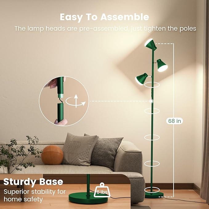 36W LED Tree Floor Lamp, Dimmable Tall Standing Lamp with Remote & Touch Control, 4 Color Temperatures Bright Floor Lamp, 3 Rotatable Light Modern Floor Lamps (Green)-Ruum Studio Home