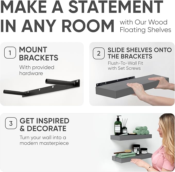 Homeforia Gray Floating Bathroom Shelves, High End Solid Real Wood 16 inch Small Floating Shelf for Wall Mounted, Grey Wooden 16 in Floating Shelves, Heavy Duty Bracket, 16 X 6.5 X 1.75 inch, Set of 2-Ruum Studio Home