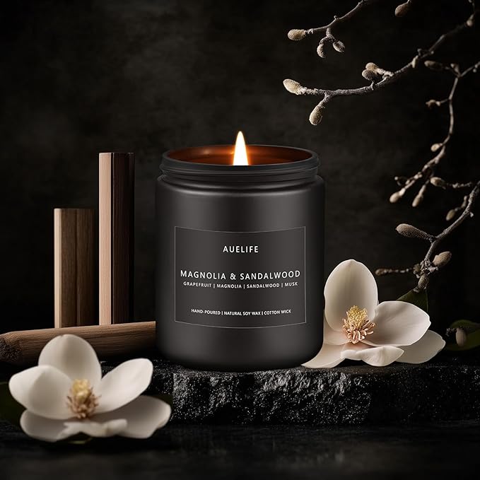 Magnolia & Sandalwood Candle | Masculine Candle - Candles for Men, Soy Candles for Home Scented, Manly Scented Decor for Home - Gifts for Men, 7oz Black Jar, Long Lasting-Ruum Studio Home
